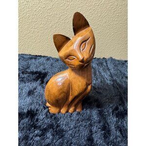 Hand-Carved Wooden Cat Sculpture Figurine 8" Tall